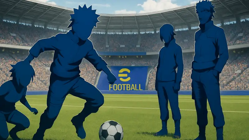 eFootball и Naruto: скриншот кроссовера, показывающий персонажей аниме на футбольном поле.