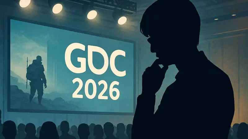 Хидео Кодзима на сцене GDC 2026, размышляющий или делающий глубокомысленный жест.