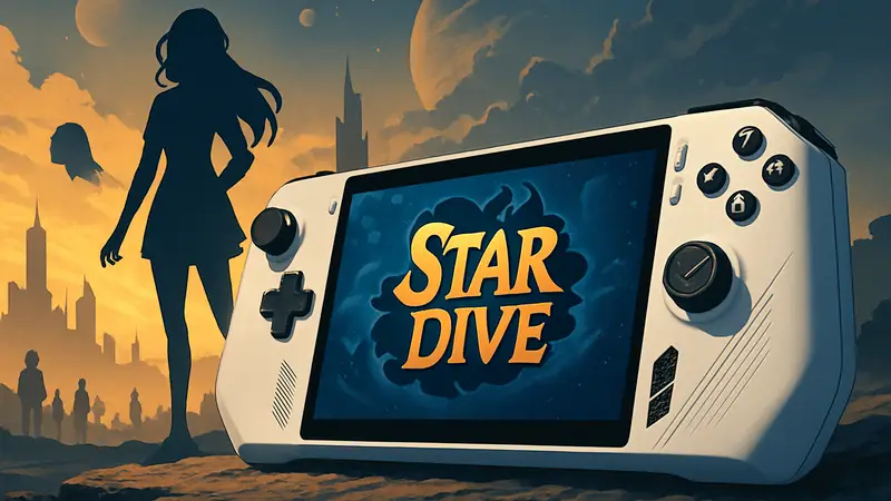 Изображение портативной игровой консоли Asus ROG Xbox Ally, лежащей рядом с логотипом игры Mongil: Star Dive.