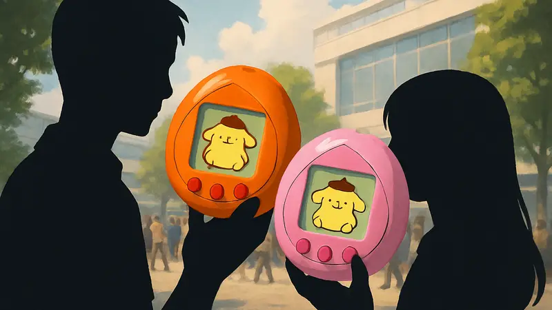 Оранжевое и розовое виртуальное устройство Tamagotchi Nano с персонажем Pompompurin.