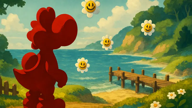 Йоши в игре Yoshi and the Mysterious Book на фоне Главы 3 с цветами Smiley Flowers.