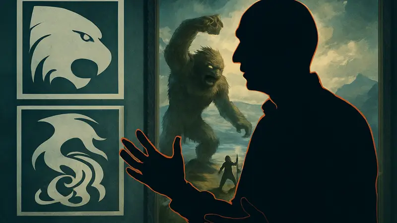 Питер Молиньё на фоне логотипа Lionhead Studios обсуждает создание игры Black & White.