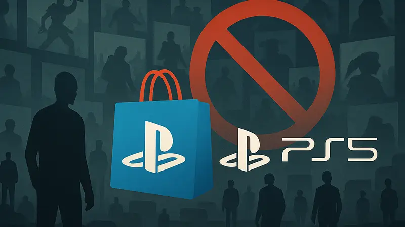 Логотип PlayStation Store и символ PS5 на фоне множества удаляемых игр и знака запрета.