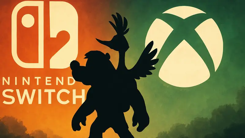Изображение персонажей Banjo и Kazooie на фоне логотипов Nintendo Switch 2 и Xbox.