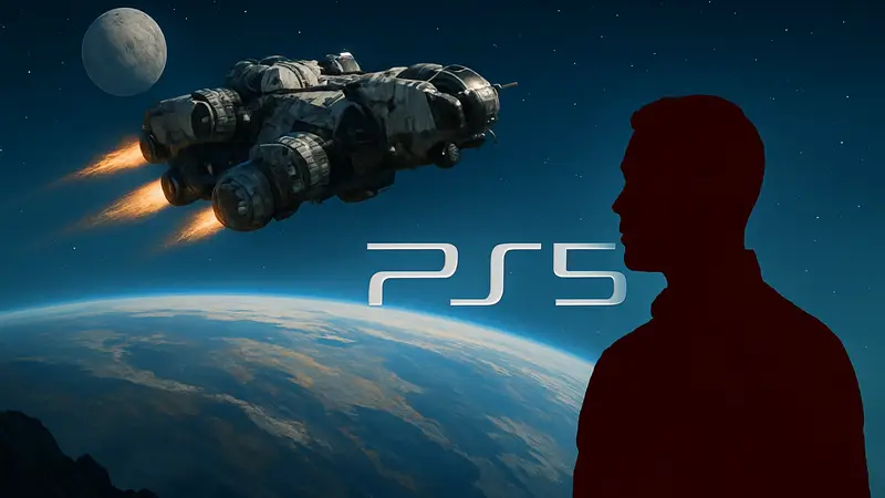 Космический корабль летит над планетой в Starfield, на фоне надпись 'Starfield PS5'