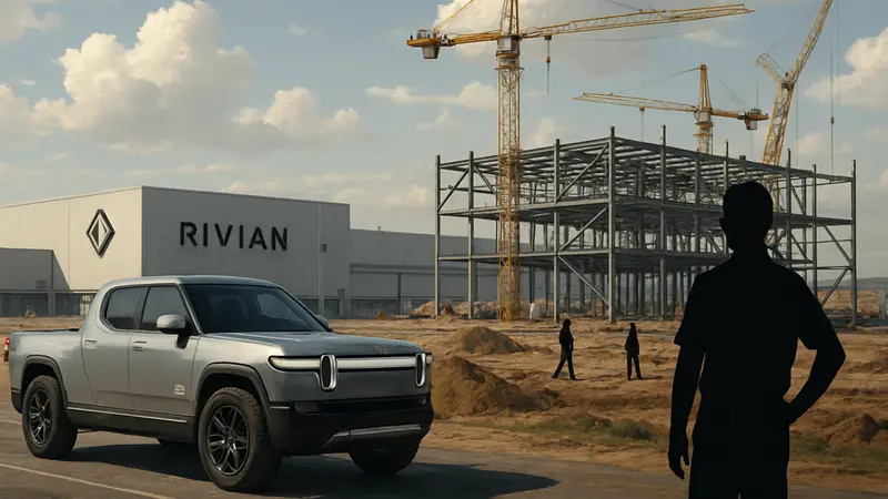 Завод Rivian в Джорджии, электромобиль Rivian R1T на фоне производственных цехов, строительство нового предприятия.