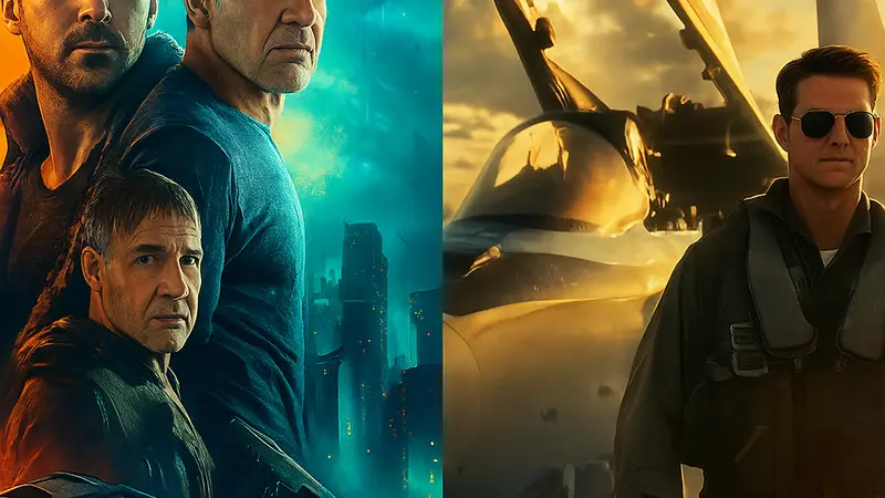 Изображение постера фильма «Бегущий по лезвию 2049» или «Топ Ган: Мэверик» как примера успешного сиквела.