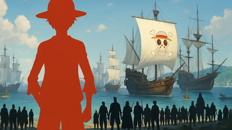 Луффи и Гранд-флот Соломенной Шляпы в One Piece, символизирующие возможное появление нового командующего.
