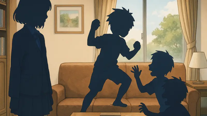 Ключевой визуал аниме «Простите моих младших братьев» с персонажами в комедийной обстановке