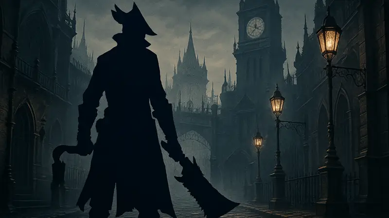Охотник из игры Bloodborne на тёмной готической улице, символизирующий ожидание ремастера.