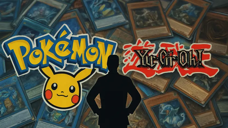Эмблема Pokemon и Yu-Gi-Oh на фоне коллекционных карт для борьбы со спекулянтами.