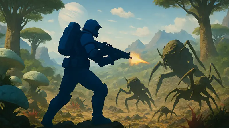 Космический десантник из Helldivers 2 на фоне экзотического биома, сражающийся с врагами