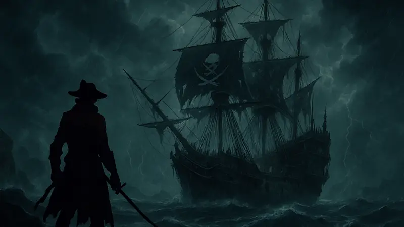 Пиратский корабль в шторм, стилизованный под мрачную эстетику FromSoftware.