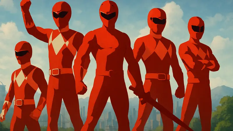 Джейсон Ли Скотт в различных формах Красного Рейнджера из Power Rangers в одном изображении.