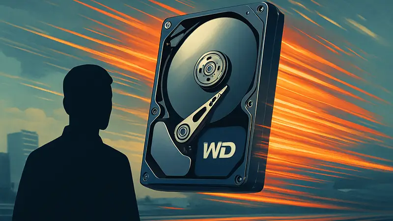 Изображение жесткого диска Western Digital с логотипом компании, символизирующее высокую скорость.