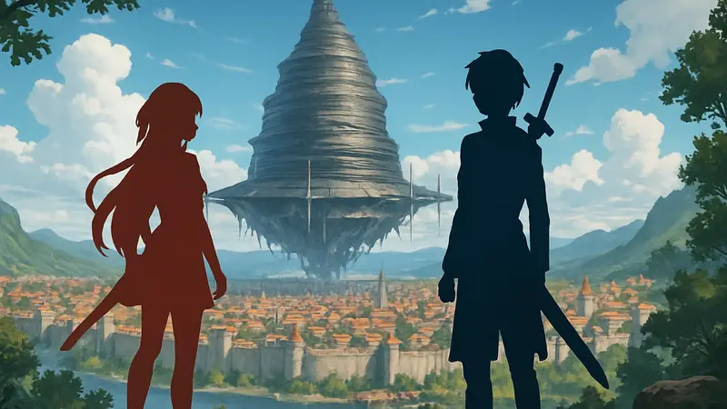 Постер нового аниме Sword Art Online Echoes of Aincrad с персонажами Асуной и Кирито на фоне города Айнкрад