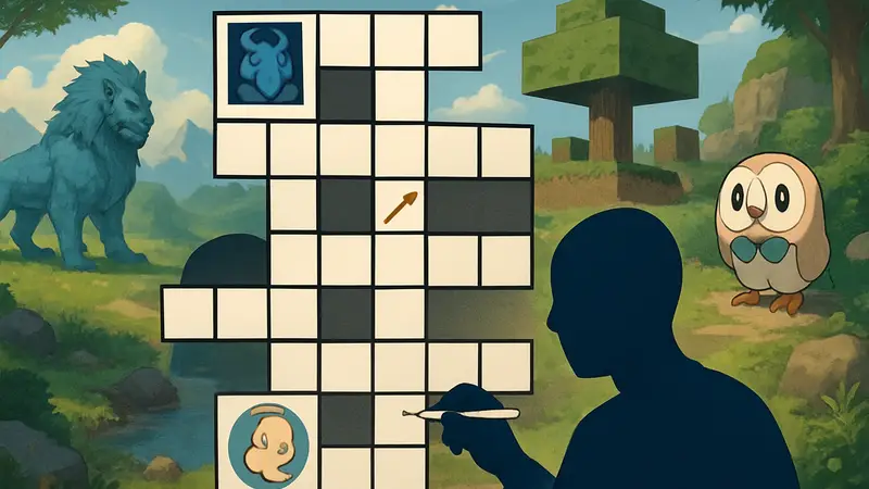 Мини-кроссворд GameRant с подсказками по RPG, Minecraft и покемонам, на игровом фоне.