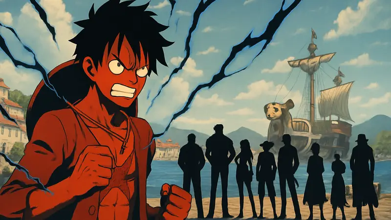 Луффи из One Piece использует Волю Завоевателя на фоне команды Соломенной Шляпы