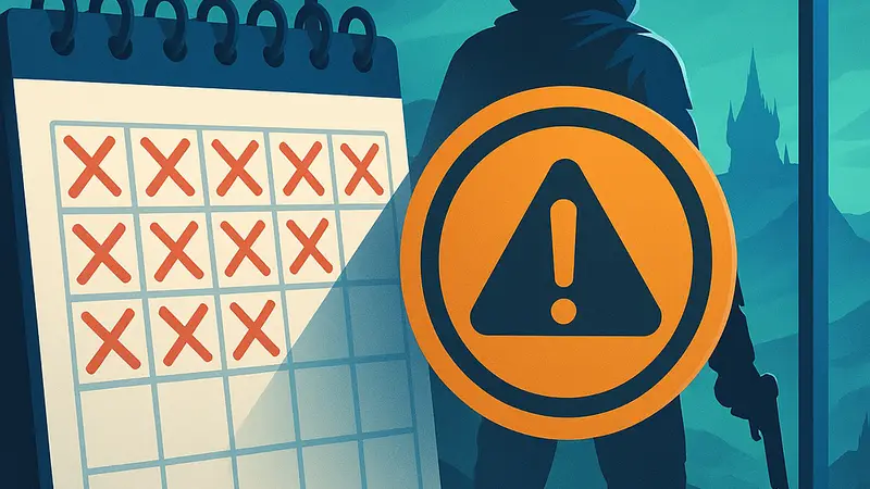 Календарь с перечеркнутыми датами или знак 'Задержка' на фоне игровой обложки, символизирующий перенос релиза.