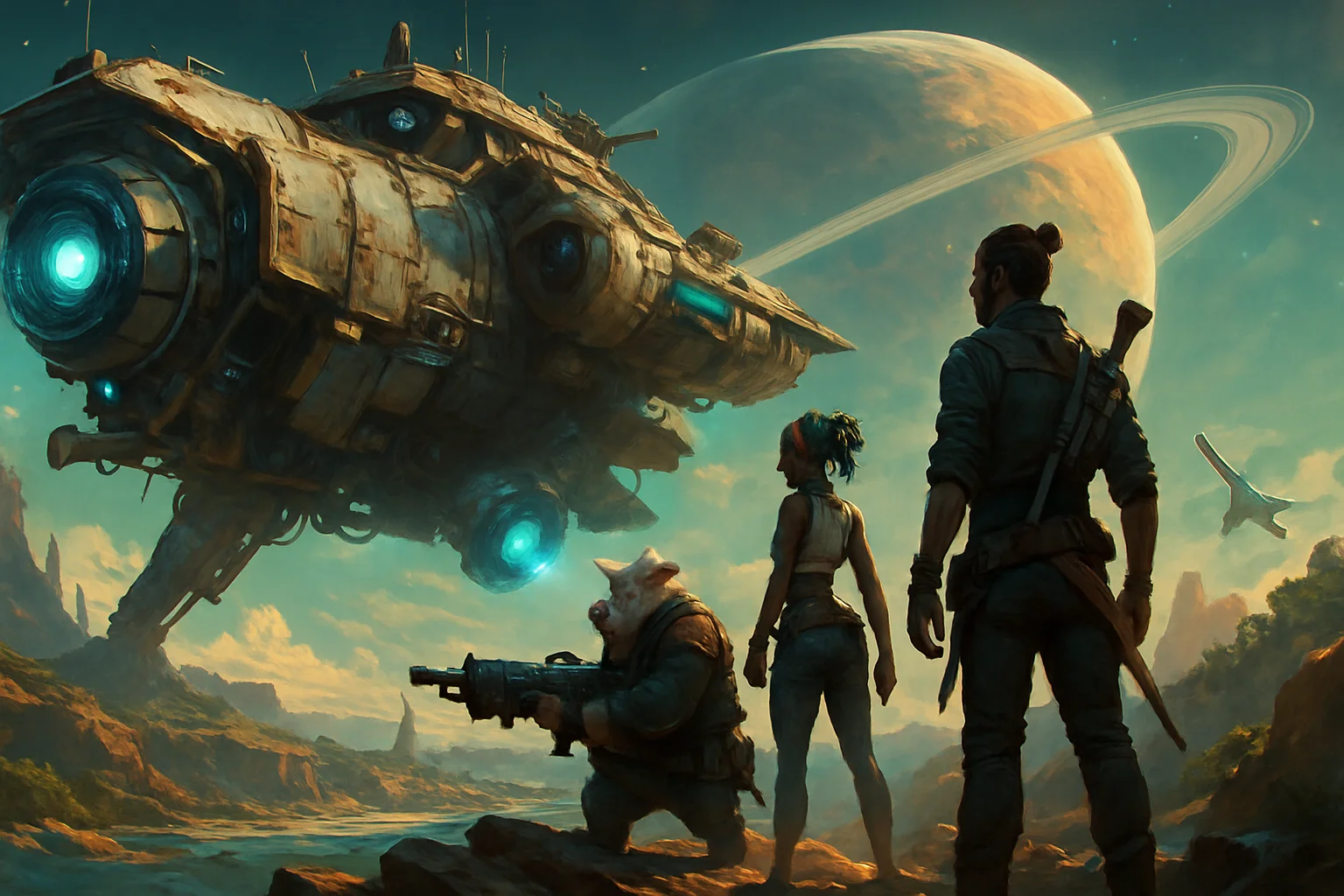 Концепт-арт Beyond Good and Evil 2, демонстрирующий космический корабль и персонажей в стиле научно-фантастического открытого мира.