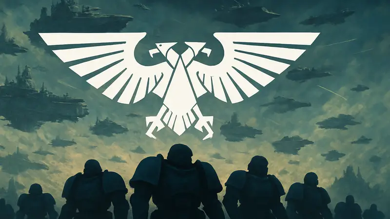 Символ вселенной Warhammer 40,000 на фоне множества космических кораблей и солдат Адептус Астартес.
