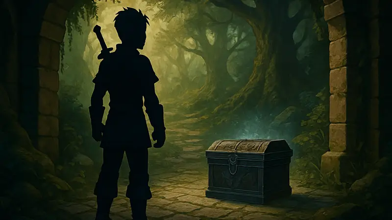 Игровой скриншот из Fable, показывающий персонажа перед таинственной коробкой