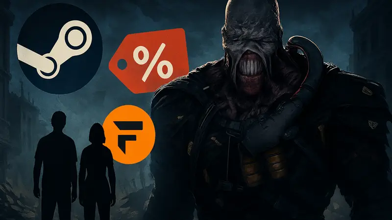 Изображение Немезиса из ремейка Resident Evil 3, на фоне логотипов Steam и Fanatical, демонстрирующее выгодные скидки на игру.