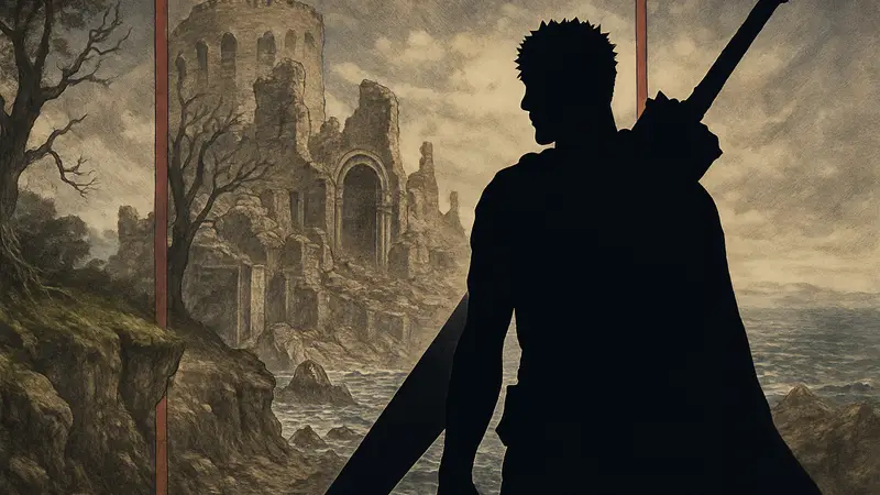 Изображение Гатса из манги Berserk на фоне обложки 385 главы.