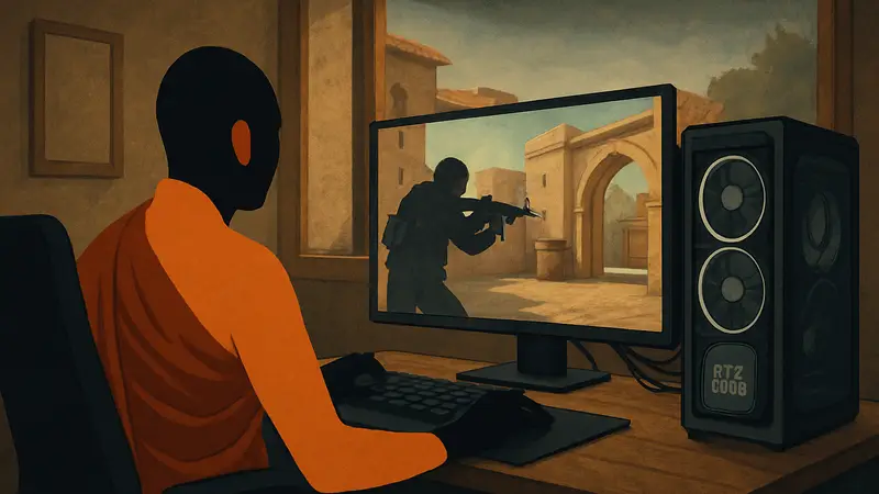 Буддийский монах играет в Counter-Strike на мощном ПК с RTX 4090.