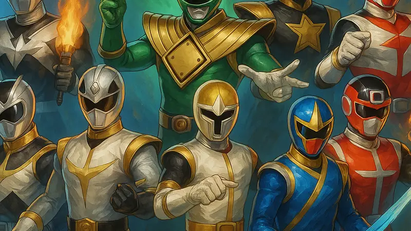 Десять Шестых Рейнджеров из Power Rangers в своих костюмах, демонстрирующие свои уникальные силы.