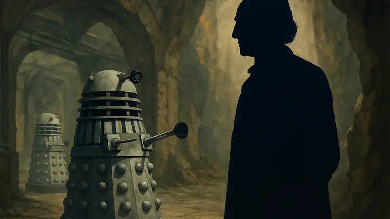 Кадр из старого сериала "Доктор Кто" с Первым Доктором и далеками.