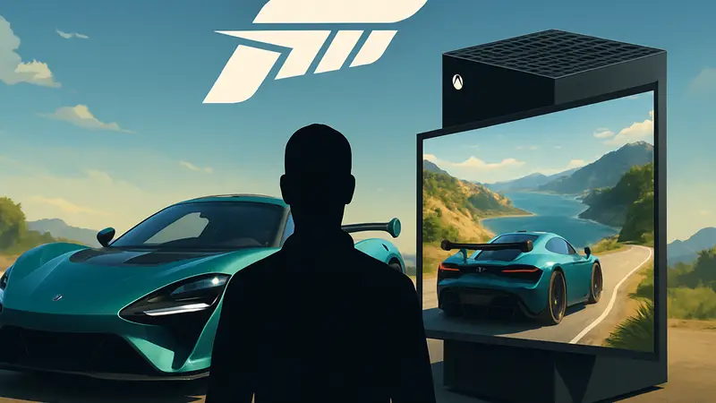 Логотип Forza Horizon 6 на фоне мощного спорткара и консоли Xbox Series X, демонстрирующей графику