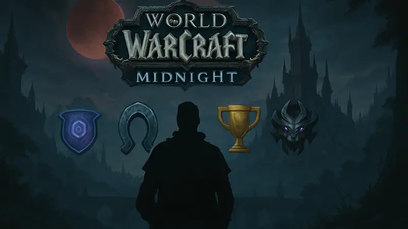 Логотип World of Warcraft: Midnight и иконки наград для Mythic+