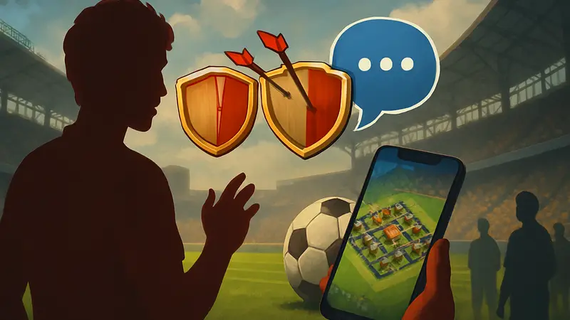 Логотип Clash of Clans, иконка Global Chat, футбольный мяч, мобильная игра