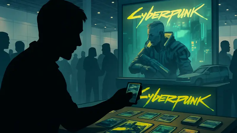 Игрок тестирует коллекционную карточную игру Cyberpunk на выставке PAX East 2026.