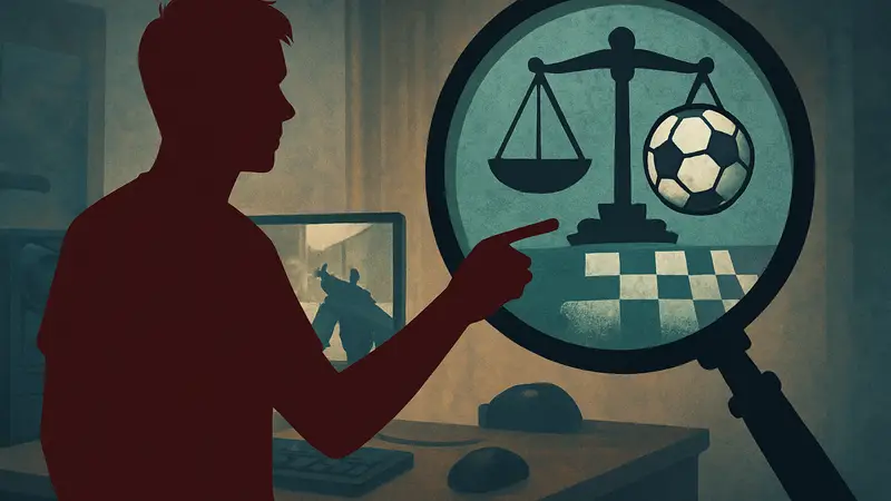 Российский киберспортсмен jmqa на фоне логотипа ESIC, символизирующего расследование договорных матчей.