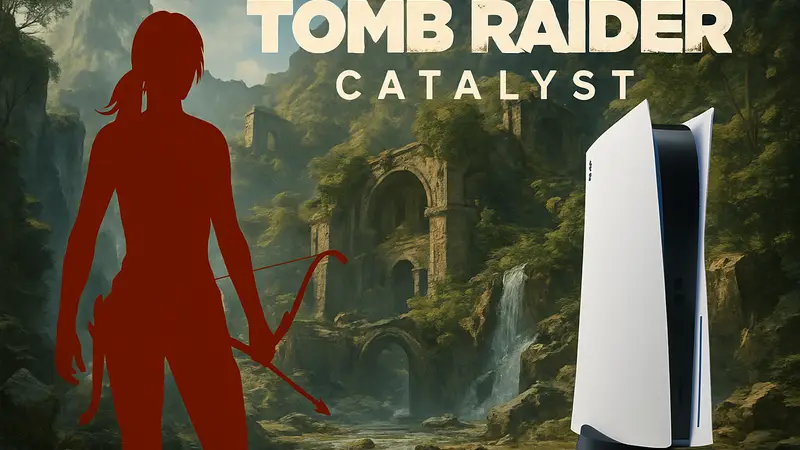Лара Крофт из игры Tomb Raider Catalyst, логотип игры и PS5