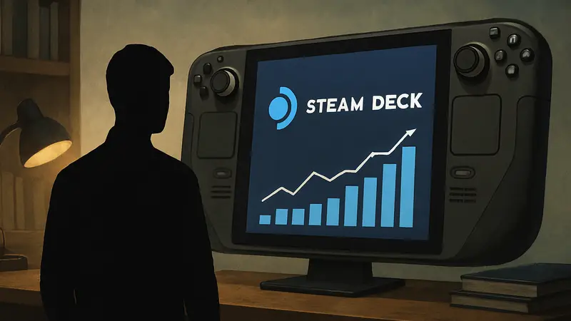 Логотип Steam Deck на экране, демонстрирующий статистику производительности игры