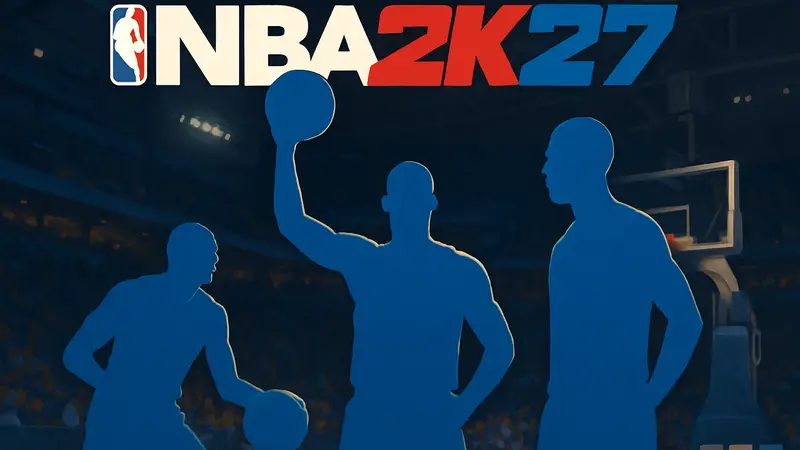 Обложка игры NBA 2K27 с баскетболистами и логотипом игры, анонсирующая дату выхода и издания