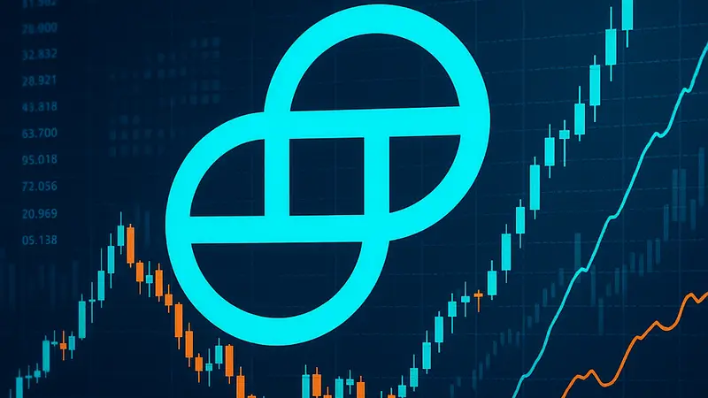 Логотип криптовалютной биржи Gemini на фоне цифровых графиков и данных