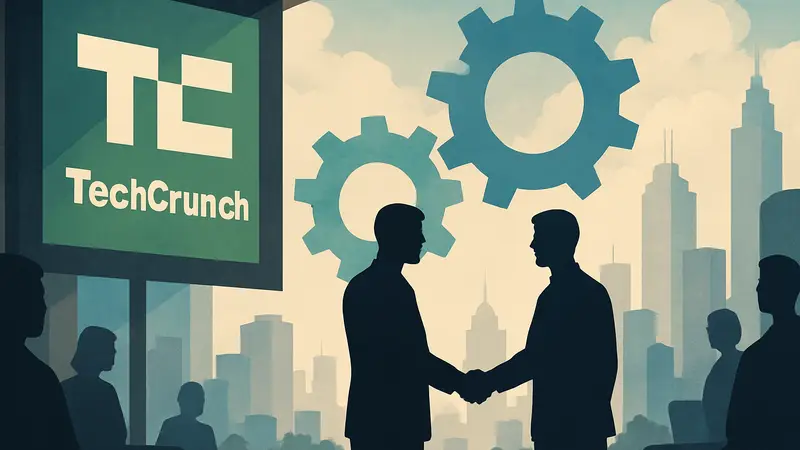 Логотип TechCrunch Disrupt и графика, символизирующая слияния и поглощения.