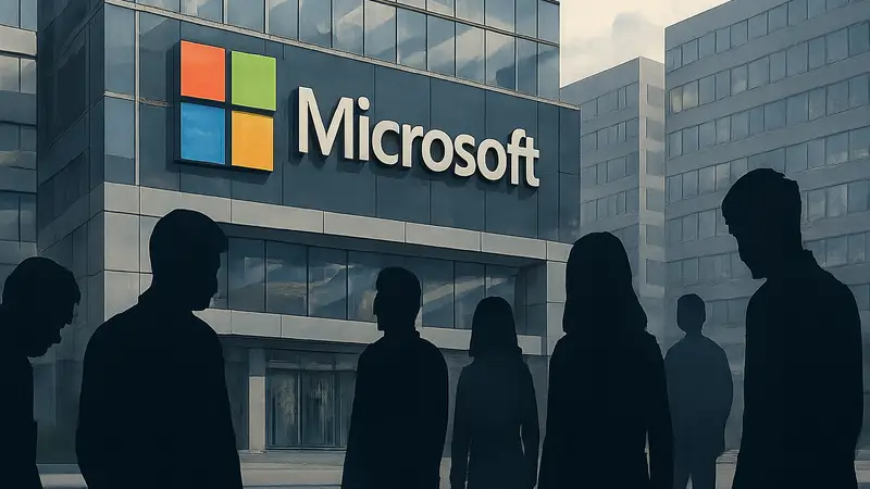 Логотип Microsoft на фоне офисного здания, символизирующий сокращения персонала.