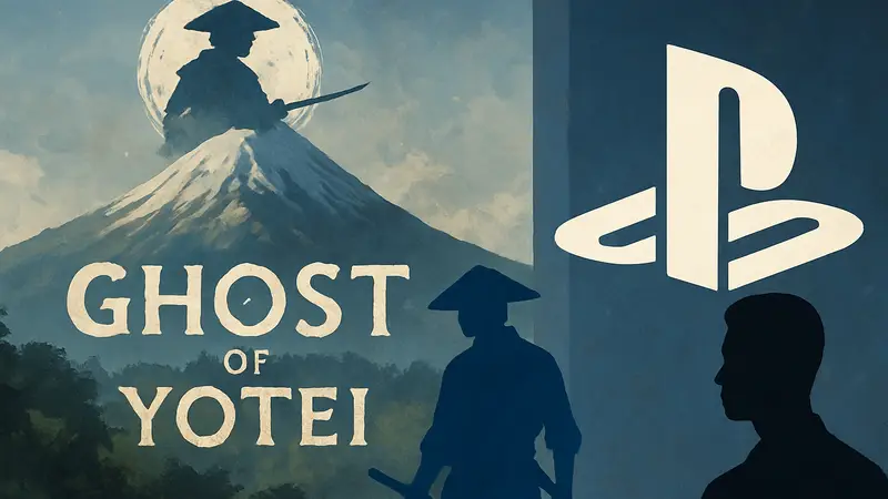 Логотип или арт отмененной игры Ghost of Yotei на фоне символики PlayStation, символизирующей изменение стратегии Sony