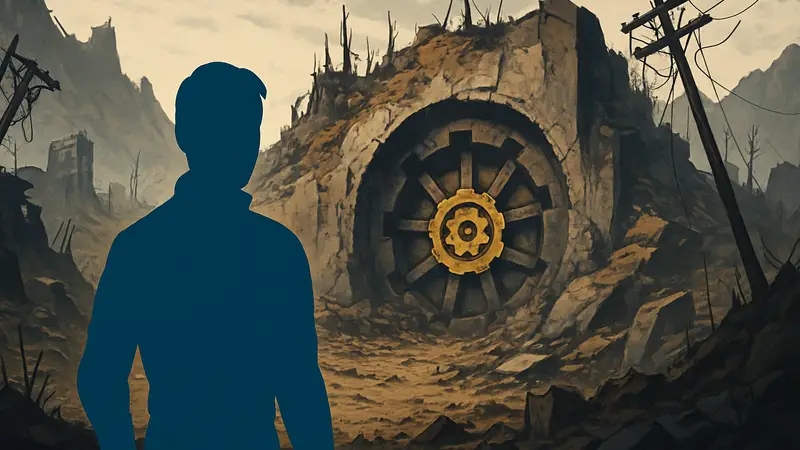 Постапокалиптический пейзаж из игры Fallout с символикой Убежища