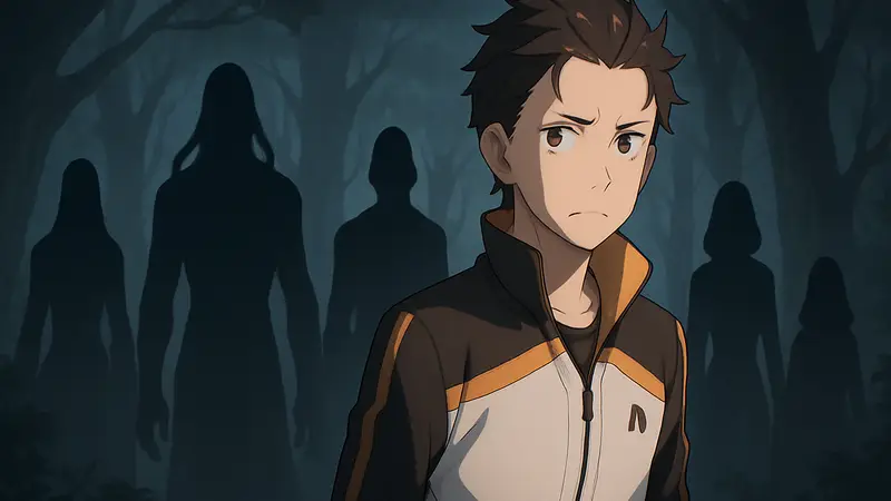 Изображение главного героя Субару из аниме Re:Zero на фоне таинственных теней, связанных с 9 эпизодом 4 сезона.