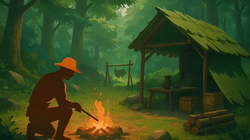 Игровой скриншот из Under Canopies, демонстрирующий уютный лес и элементы выживания