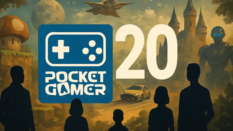 Логотип Pocket Gamer с цифрой 20, символизирующий юбилей и ретроспективу
