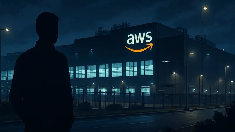 Масштабный центр обработки данных Amazon Web Services (AWS) ночью
