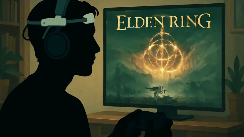 Стример Elden Ring в наушниках, на голове которого закреплено устройство для гальванической вестибулярной стимуляции.