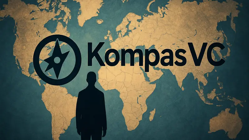 Логотип Kompas VC на фоне карты мира, символизирующий инвестиции в физический мир
